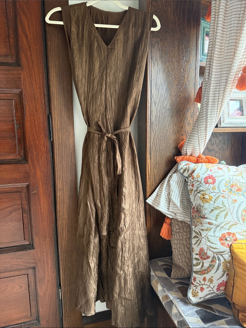 V-Neck Brown Maxi Dress with Tie Waist